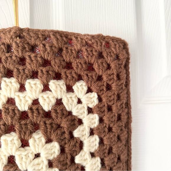 Handcrafted Made Spain Boho Vintage Retro Crocheted Granny Square Shopper Tote - Picture 5 of 10